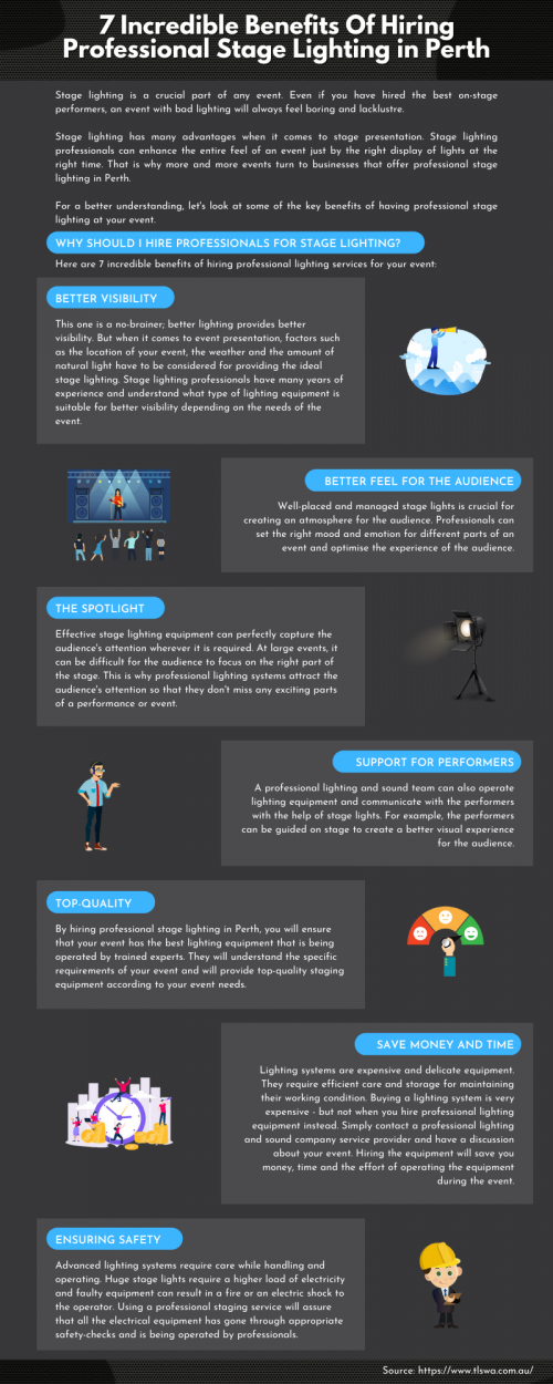 In this infographic we have discussed about the 7 Incredible benefits of hiring professional stage lighting in Perth.