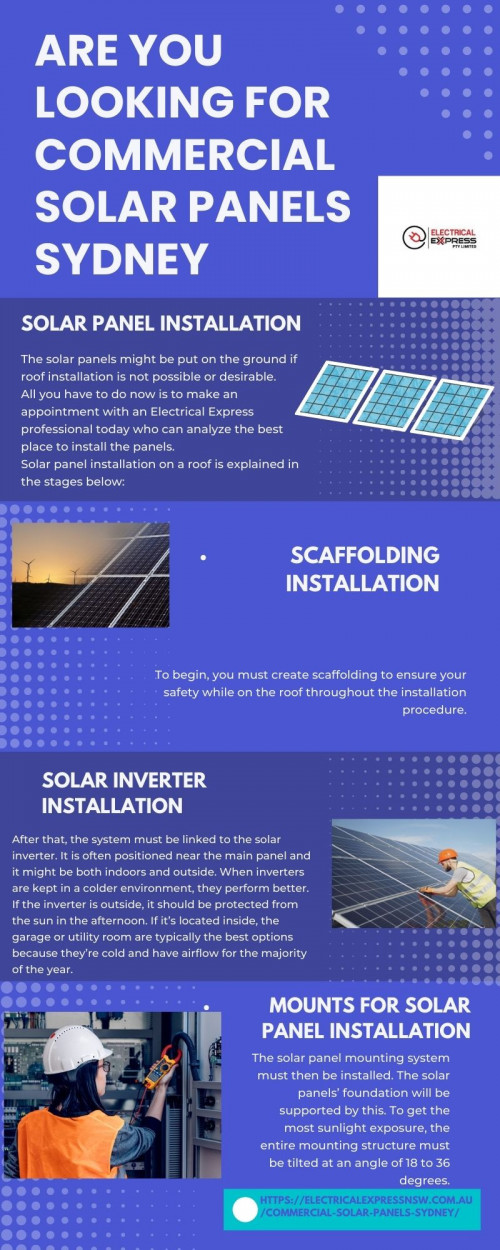 Commercial Solar Panels in Sydney provide businesses with a wonderful chance to express their dedication to sustainability and also receiving a financial benefit. Our solar installations are designed for commercial purposes, supplying over 600 watts of direct current power into your business’ power supply. for more info visit :- https://electricalexpressnsw.com.au/commercial-solar-panels-sydney/