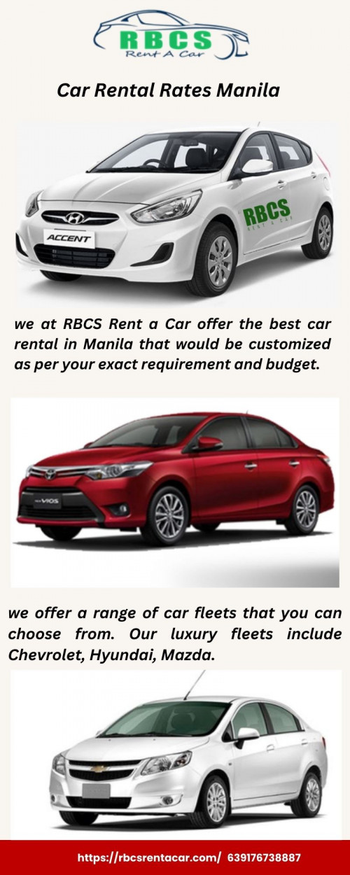 RBCS Rent a Car is a professional Car Rental Service provider in Manila!  Our services like Car Rental Rates Manila can pick you from the airport and drop you at your preferred hotel. Our car rental services are extremely affordable as compared to other transports, even as compare to public transports. Visit our website and get a free quote online. https://bit.ly/3SUXXg2