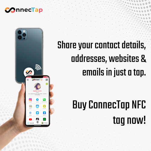 ConnecTap is a small NFC tag that lets you share your social media links, URLs and contact details in just a Tap. To use ConnecTap, you’ll need to use our app that allows you to link all your links and contact details you want to share and app is also needed to activate tag. The tag can easily stick to the back of your phone. When the tag is activated, others just need to tap their phones to the tag.  https://www.connectap.co/