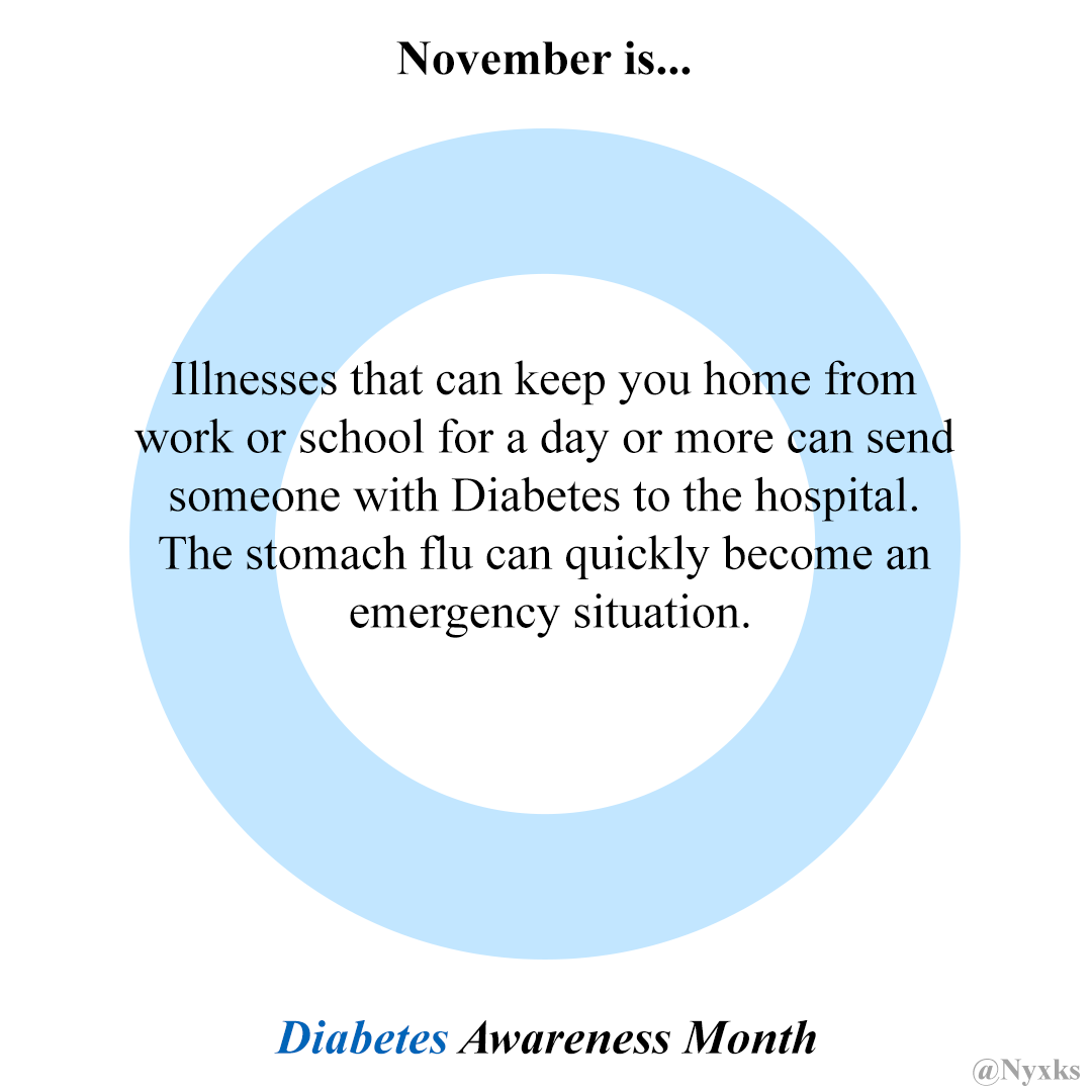 November is Diabetes Awareness Month 

Illness that can keep you from work or school for a day or more can send someone with Diabetes to the hospital. The stomach flu can quickly become an emergency situation. 