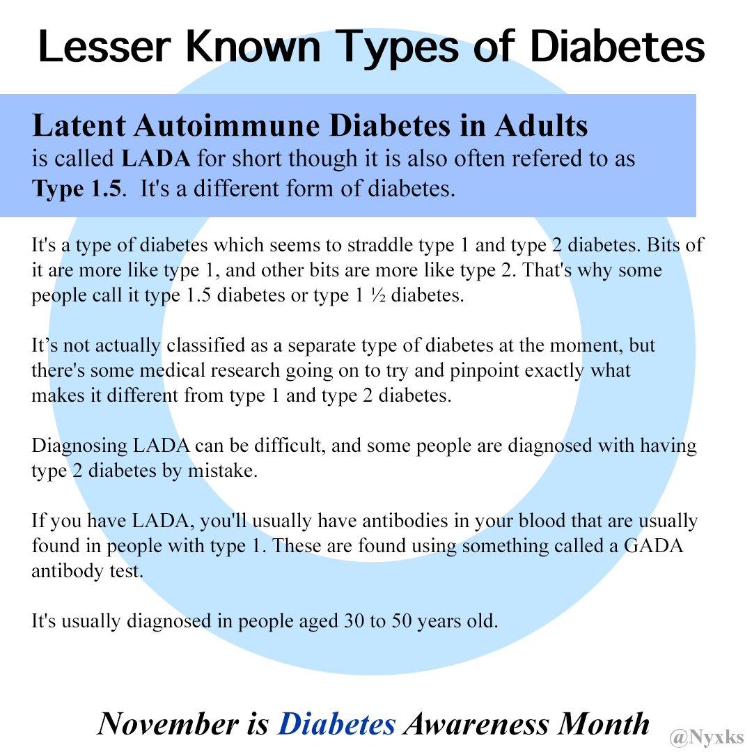 Lesser Known Types of Diabetes

Latent Autoimmune Diabetes in Adults is called LADA for short though it is also often referred to as Type 1.5 It's a different form of diabetes. 