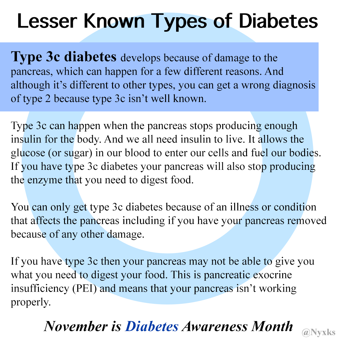 Lesser Known Types of Diabetes

Type 3c diabetes developed because of damage to the pancreas, which can happen for a few different reasons. And although it's different to other types, you can get a wrong diagnosis of the 2 because type 3c isn't well known.