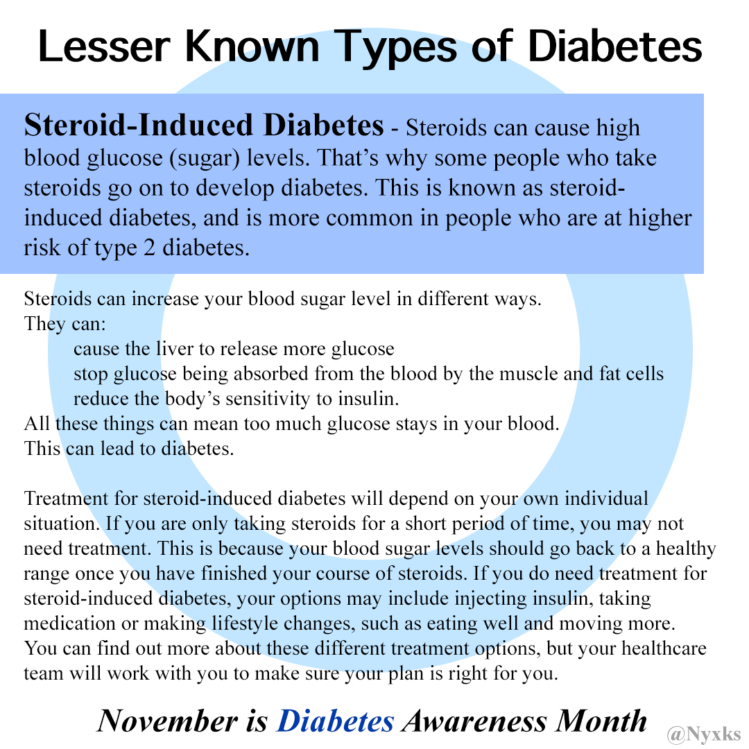 Lesser Known Types of Diabetes

Steroid-Induced Diabetes - Steroids can cause high blood glucose (sugar) levels. That's why some people who take steroids go on to develop diabetes. This is known as steroid-induced diabetes, and is more common in people who are at higher risk of type 2 diabetes. 