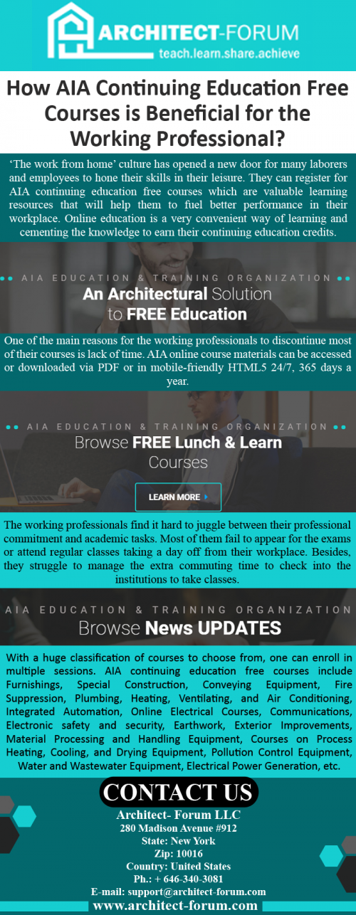 Register for AIA Continuing education free courses from Architect Forum to stay up-to-date. Earn education credits at your convenient time. Access course material 24/7. More details please visit https://writeonwall.com/avail-aia-continuing-education-free-courses-to-hone-professional-skill/