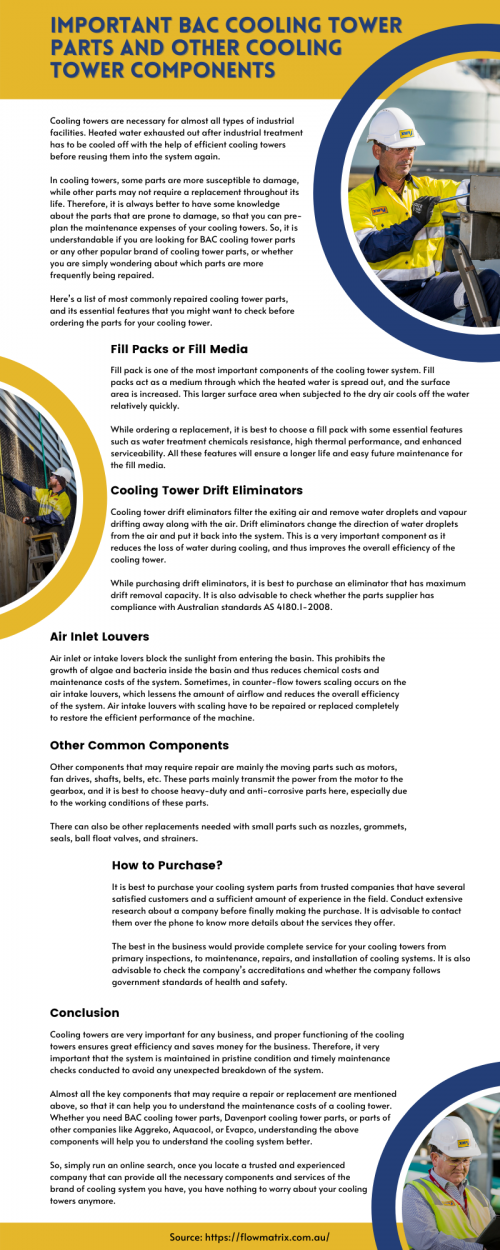 This infographic shows the most commonly repaired cooling tower parts, and its essential features that you might want to check before ordering the parts for your cooling tower.