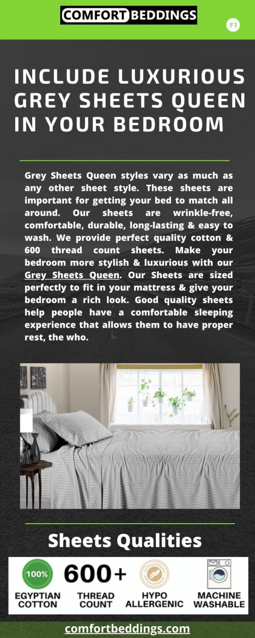 Look at this infographic & know about Grey sheets Queen qualities. We provide perfect quality cotton sheets & various sizes for your bad. These shirts are wrinkle-free, comfortable & durable. Grey Sheets Queen gives your bedroom a stylish look. & helpful for a good night's sleep. Visit now: https://comfortbeddings.com/products/striped-light-grey-sheet-set-queen