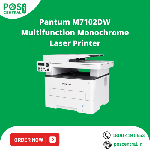 Looking to buy a multifunction laser printer? You can consider the Pantum M7102DW laser printer as it is a multi-function 3-in-1 (printing, copying and scanning) Laser printer with an automatic duplexing function. With the space-saver and user-friendly Pantum M7102DW printer, you can print with the fastest print speed of up to 33 ppm A4 and 35 ppm Letter. It is ideal for any office or small business that needs to print high-resolution documents quickly and easily. Pantum M7102DW multifunction laser printer is packed with features such as support for various media types, wireless networking, USB 2.0, NFC connectivity and a separate toner cartridge and drum unit to reduce waste.
Buy Pantum M7102DW laser printer online at affordable prices from POS Central India with express free shipping across the country. Visit https://www.poscentral.in/pantum-m7102dw-multifunction-monochrome-laser-printer.html