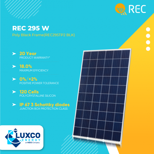 REC 295W Poly Black Frame(REC295TP2 BLK)
	
1. 20Year Product Warranty
2. 18.0% Maximum Efficiency
3. 0%/2% Positive Power Tolerance
4. 120cells Polycrystalline silicon
5. IP 67 3 Schottky diodes junction box protection class

Visit our site: https://www.luxcoenergy.com.au/wholesale-solar-panels/rec/