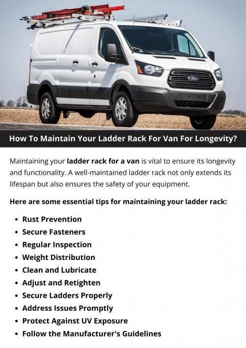 To ensure the longevity of your van's ladder rack, perform regular inspections for rust or damage. Clean the rack after exposure to harsh weather or corrosive substances. Lubricate moving parts to prevent rust and tighten bolts and connections as needed. Secure the ladder properly during transport to prevent unnecessary stress on the rack. To know more visit here https://commercialvansolutions.com/van-ladder-racks/