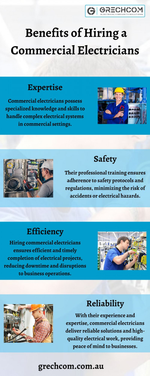 Trust our team of experienced commercial electricians to handle all your electrical needs with professionalism and efficiency. With years of experience in the industry, our professionals are equipped to tackle any commercial project, from new installations to upgrades and repairs. Our commercial electricians prioritize safety and quality, ensuring that your electrical systems operate smoothly and efficiently.
https://www.grechcom.com.au/commercial-electrician