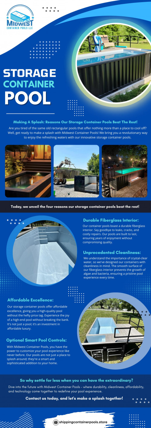 As homeowners continue to seek efficient, eco-friendly, and stylish solutions for recreation, ordering storage container pools from Midwest Container Pools provides a seamless pathway to embrace this trendsetting evolution in modern living. 

Official Website: https://shippingcontainerpools.store

Contact: Midwest Container Pools
Location: Tonganoxie, KS 66048, USA
Phone: 913-786-4191

Our Profile: https://gifyu.com/midwestcontainer
Next Info-Graphics: http://tinyurl.com/2y39879b