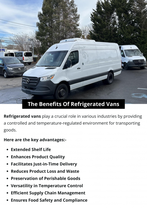 Refrigerated vans offer vital benefits for businesses, preserving the quality of perishable goods during transportation. They extend product shelf life, reduce waste, and facilitate market expansion by reaching distant consumers. Ensuring compliance with industry regulations, refrigerated vans enhance supply chain efficiency, contribute to cost savings, and allow businesses to diversify their product offerings, fostering overall profitability and customer satisfaction. To know more visit here https://commercialvansolutions.com/refrigeration/
