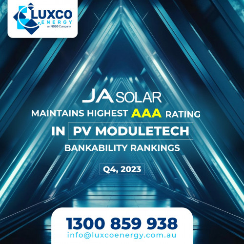 #JASolar has retained its AAA ranking in PV Tech's latest PV ModuleTech bankability report for Q4 2023.

Top PV Brand by EUPD Research in Europe.

"Top Performer" by PVEL and "Overall Highest Achiever" by RETC for eight and four consecutive years respectively - The Middle East and North Africa, Latin America, Southeast Asia, and Africa.

📧 Email us at info@luxcoenergy.com.au
💻 Visit: www.luxcoenergy.com.au