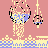 a limited palette scene of some hanging terrariums, the background seems to have a wallpaper design of some tulips along the lower edge. the animation is of the terrariums swaying slightly.