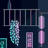 a snapshot of part of a neon-lit alleyway, with a metal-railing balcony with a bottle resting at the top and some leafy pot plant dangling down. there are three neon light sources in the scene, a blue wine-cup sign at the bottom left, a pink one that reads '44','20', and '80' in stylized numbers, and two pink glowing rounded lantern shapes dangling off a pole attached to the right wall. the animation seems to show the light moving across the scene as the various sources turn brighter and dim.