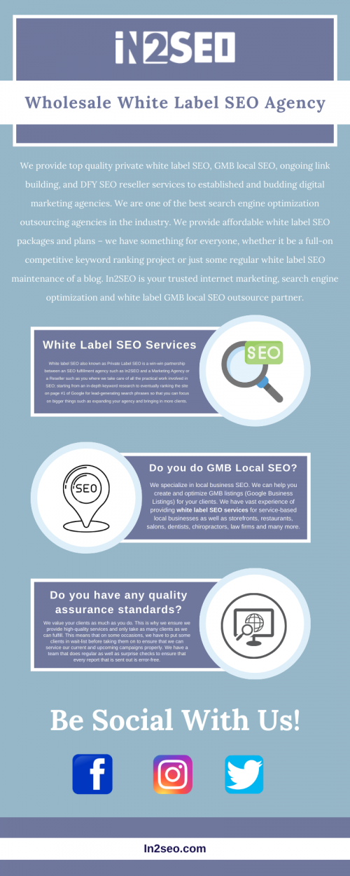 In2SEO is a wholesale white label SEO Agency that provides top quality private label SEO, GMB local SEO, ongoing link building, and SEO reseller services to established and budding digital marketing agencies. We are one of the best SEO outsourcing agencies in the industry in terms of quality of services. We provide affordable white label SEO packages and plans. In2SEO is your trusted internet marketing and search engine optimization partner. Contact In2SEO if you are looking for affordable internet marketing programs for your outsourcing company. Visit here : https://in2seo.com/