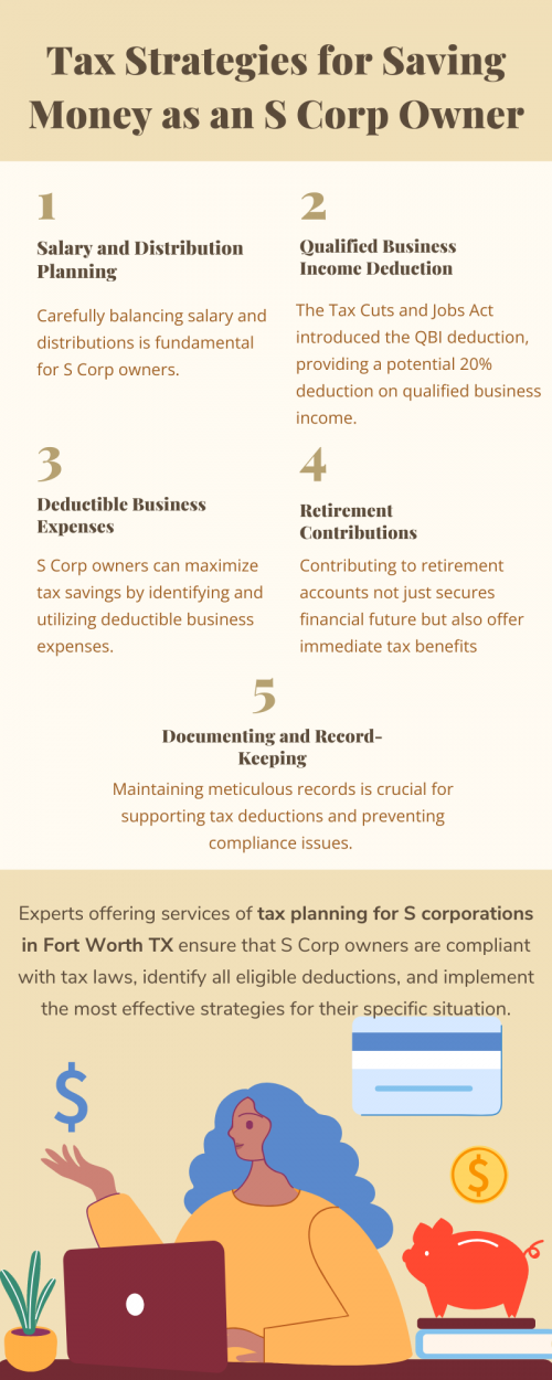 S Corp owners can maximize savings through a combination of salary and distribution planning, leveraging tax deductions, contributing to retirement accounts, and staying informed about credits and incentives. Professional guidance ensures that these strategies are implemented effectively, securing both short-term and long-term financial objectives. To know more visit here https://www.alignedwealthadv.com/tax-planning-fort-worth-tx