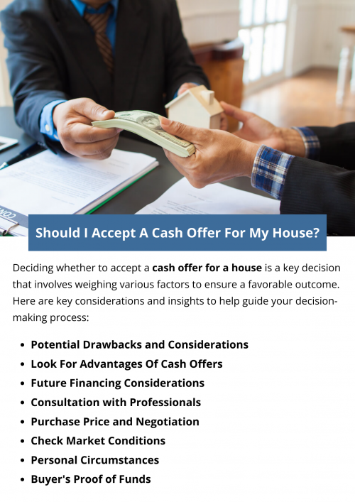 Deciding whether to accept a cash offer for a house depends on factors like market conditions, the buyer's credibility, and your financial goals. Cash offers speed and reliability. Consult with real estate professionals to make an informed decision aligning with your priorities and ensuring a successful transaction. To know more visit here https://www.904homebuyer.com/