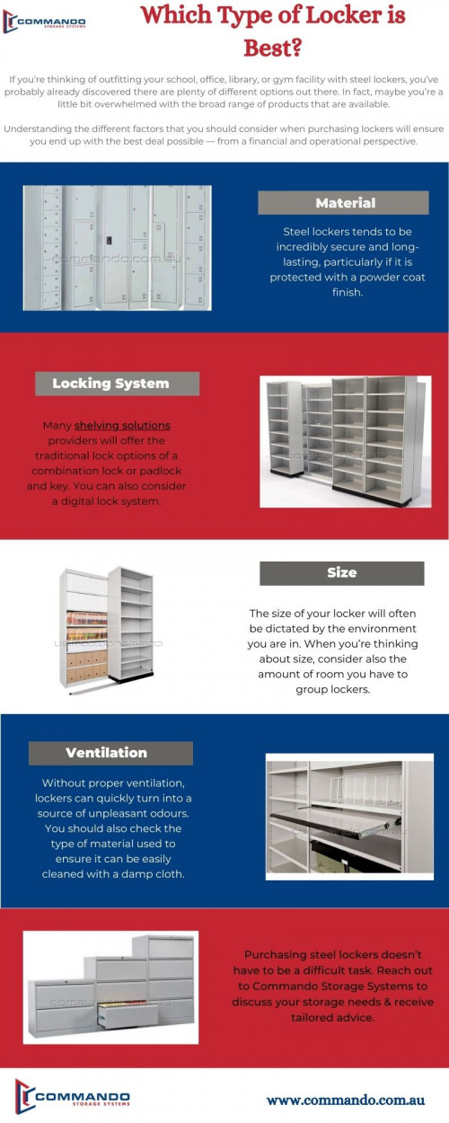 If you’re thinking of outfitting your school, office, library, or gym facility with steel lockers, you’ve probably already discovered there are plenty of different options out there. In fact, maybe you’re a little bit overwhelmed with the broad range of products that are available. Understanding the different factors that you should consider when purchasing lockers will ensure you end up with the best deal possible — from a financial and operational perspective. Read more: https://www.commando.com.au/products/lockers-seats-and-stands/lockers/

#steellockers #shelvingsystems #steelshelvingmelbourne #shelvingsolutions #CommandoStorageSystems