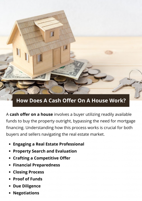 A cash offer on a house involves a buyer using readily available funds to purchase the property outright without relying on mortgage financing. The buyer provides proof of funds, negotiates with the seller, conducts due diligence, and, once accepted, closes the deal faster and with greater certainty. The transaction simplifies the process, offering advantages for both buyers and sellers. To know more visit here https://www.904homebuyer.com/
