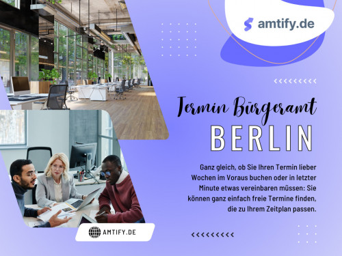 Dank der bequemen Online-Buchung war die Buchung eines termin bürgeramt berlin noch nie so einfach. Indem Sie die Warteschlange umgehen und Ihren Besuch im Voraus planen, können Sie Zeit sparen.

Offizielle Website: https://amtify.de/

Unser Profil: https://gifyu.com/amtify
Mehr Bilder: 
http://tinyurl.com/yeyd9ymp
http://tinyurl.com/3kpk7j8e
http://tinyurl.com/bdzzf75f
http://tinyurl.com/5dpcabnc