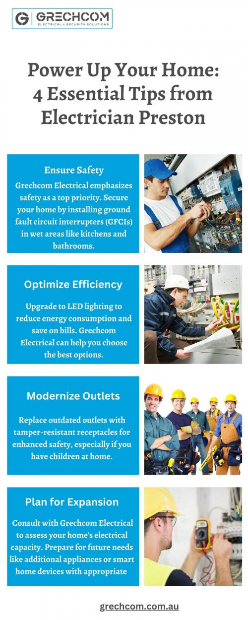 Prioritize the safety of your family and property with Electrician Preston's comprehensive electrical services. Our skilled technicians conduct thorough inspections, identifying potential hazards and ensuring compliance with safety regulations. From wiring upgrades to installation of GFCIs and surge protectors, we're committed to safeguarding your home against electrical risks. With Electrician Preston, you can rest assured knowing that your electrical system is in expert hands, providing peace of mind and security for you and your loved ones.
https://www.grechcom.com.au/electrician-preston/