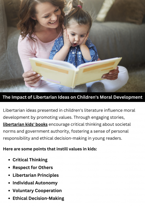Libertarian ideas presented in children's literature influence moral development by promoting values such as autonomy, respect for property rights, and voluntary cooperation. Through engaging stories, libertarian kids' books encourage critical thinking about societal norms and government authority, fostering a sense of personal responsibility and ethical decision-making in young readers. To know more visit here https://inflationeducation.net/shop/