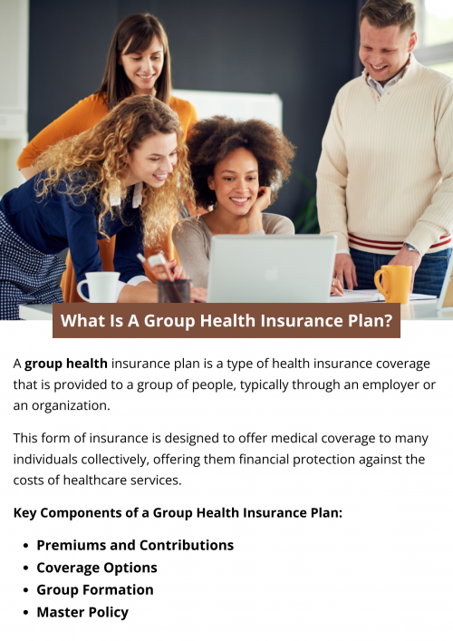 A group health insurance plan is coverage provided to a defined group, typically offered by employers to employees or organizations to their members. It pools risks and premiums, offering comprehensive health coverage. Cost-sharing involves contributions from both employers and employees. It often includes medical services, prescription medications, and preventive care, and may extend to dependents. To know more visit here https://www.capbluecross.com/wps/portal/cap/home/shop/individual