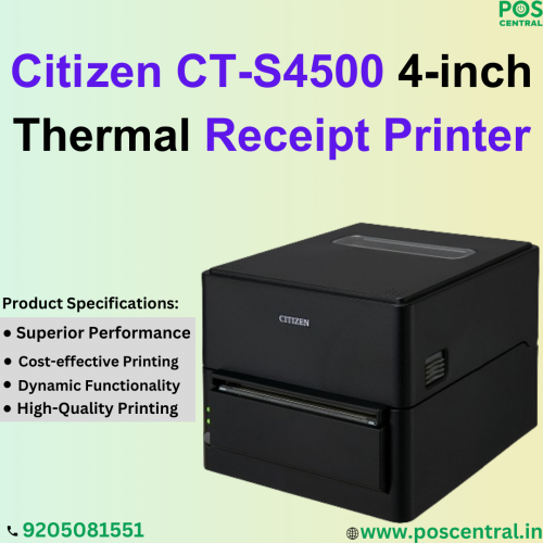 The Citizen CT-S4500 utilizes direct thermal printing technology with a sharp resolution of 203 dpi. Its compact design makes it ideal for various settings. With reliable performance and easy-to-use features, this printer ensures efficient operation. From retail to hospitality, it meets diverse printing needs with ease. Experience seamless printing with the Citizen CT-S4500 4-inch Thermal Receipt Printer and elevate your business operations effortlessly. Find it at POS Central India for reliable printing solutions. Visit https://www.poscentral.in/citizen-ct-s4500-4-inch-thermal-receipt-printer.html