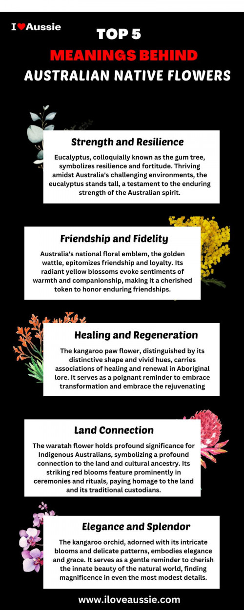 Discover the profound symbolism woven into Australia's native blooms with these top five meanings. From the resilience embodied by the eucalyptus to the friendship symbolized by the golden wattle, each flower tells a unique story. Embrace healing and renewal with the kangaroo paw, honor cultural heritage with the waratah, and appreciate beauty and grace through the intricate kangaroo orchid.
https://iluvaussie.com/top-australian-native-flowers-and-their-meanings/