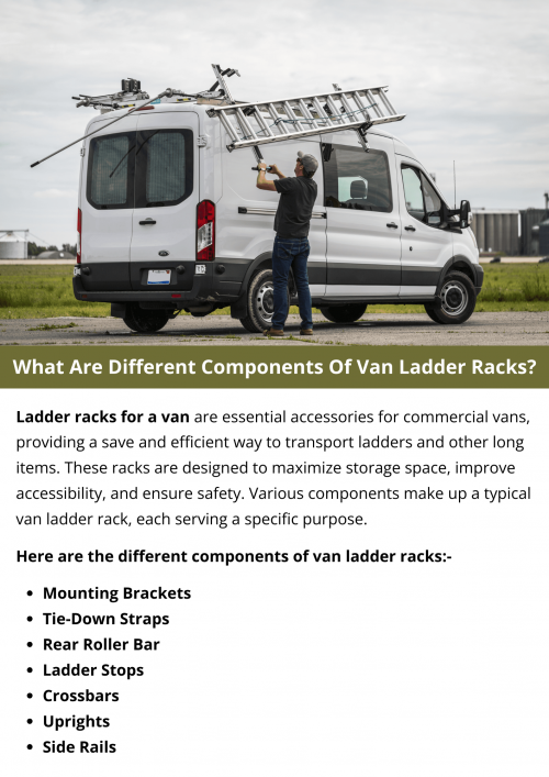 Van ladder racks typically consist of crossbars, side rails, and mounting brackets. The crossbars provide support for ladders or other cargo, while side rails offer stability and security. Mounting brackets secure the rack to the van's roof. Some racks also feature adjustable or removable components to accommodate various load sizes. These components collectively ensure efficient and safe transportation of ladders on vans. To know more visit here https://commercialvansolutions.com/van-ladder-racks/