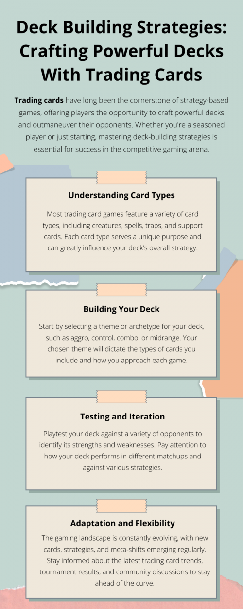 Crafting powerful Pokémon decks requires strategic card selection and synergy. Begin with a central theme or strategy, such as energy acceleration or status conditions. Balance Pokémon types and abilities to cover weaknesses and exploit opponents' vulnerabilities. Include essential trainer cards for consistency and support. To know more visit here https://thecardvault.co.uk/