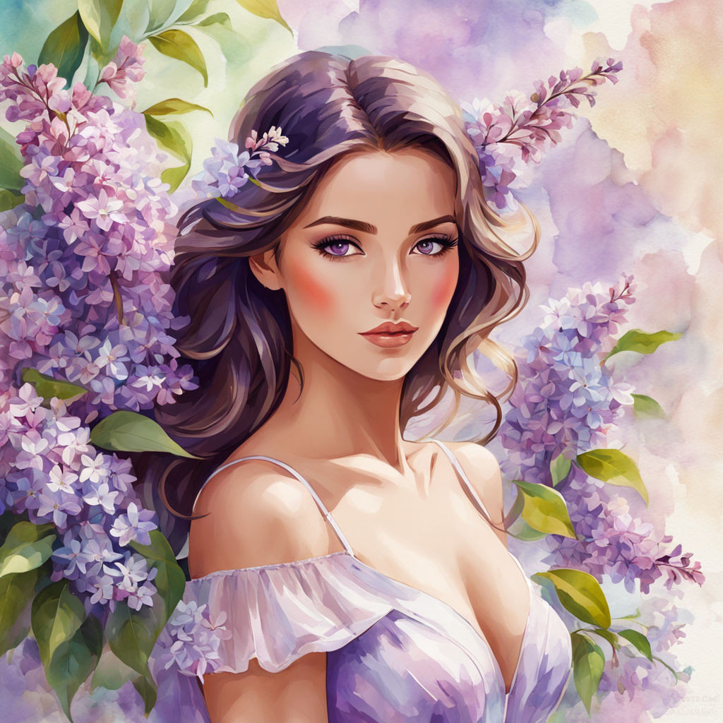 a photo of a sweet charming beautiful spring woman in full height with lilac looking at the camera (