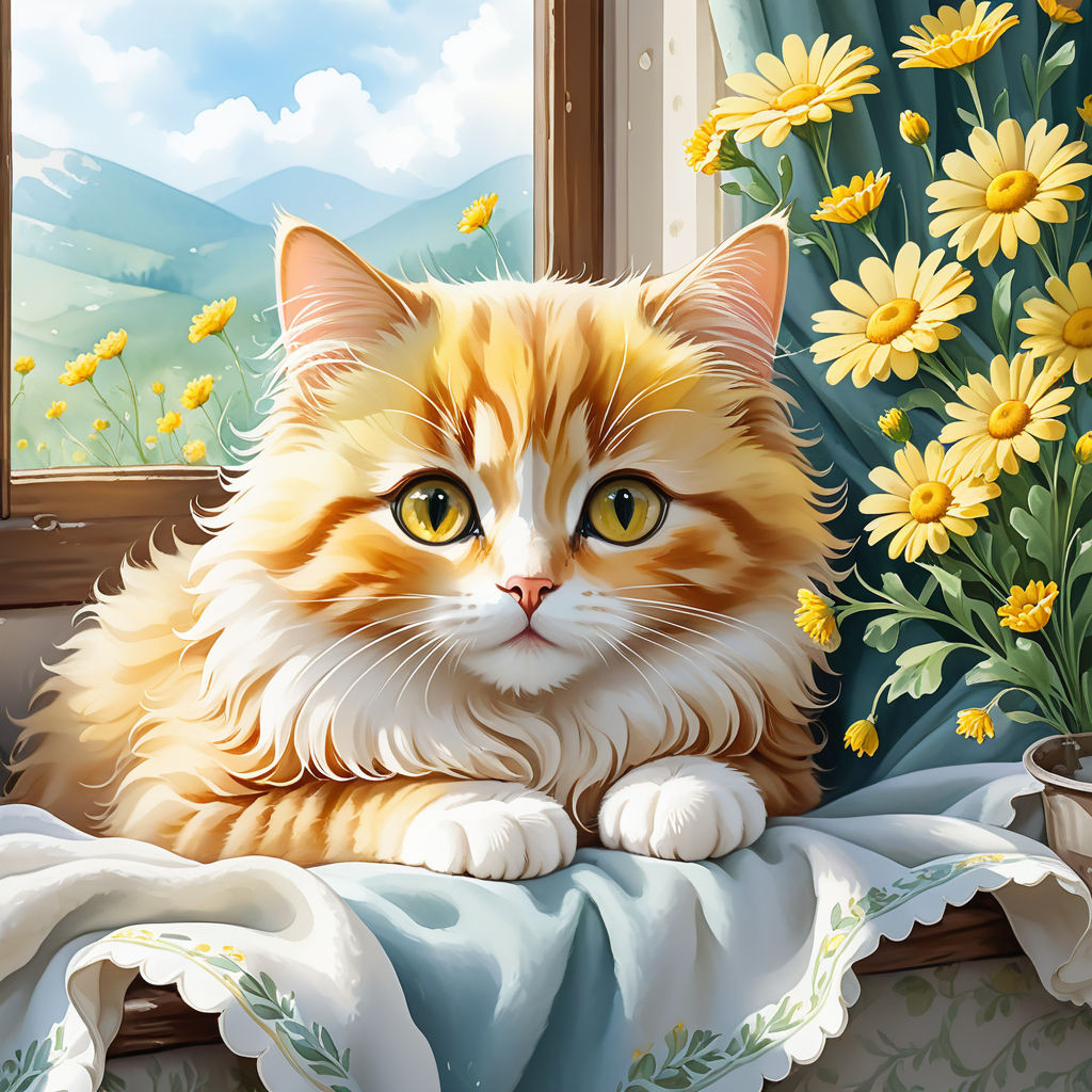 cute cat lying on a blanket on the windowsill yellow daisy flowers watercolor high quality 8k (3)