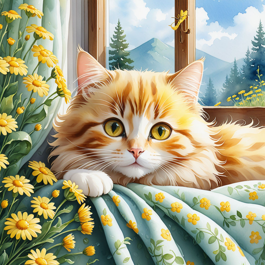 cute cat lying on a blanket on the windowsill yellow daisy flowers watercolor high quality 8k (1)