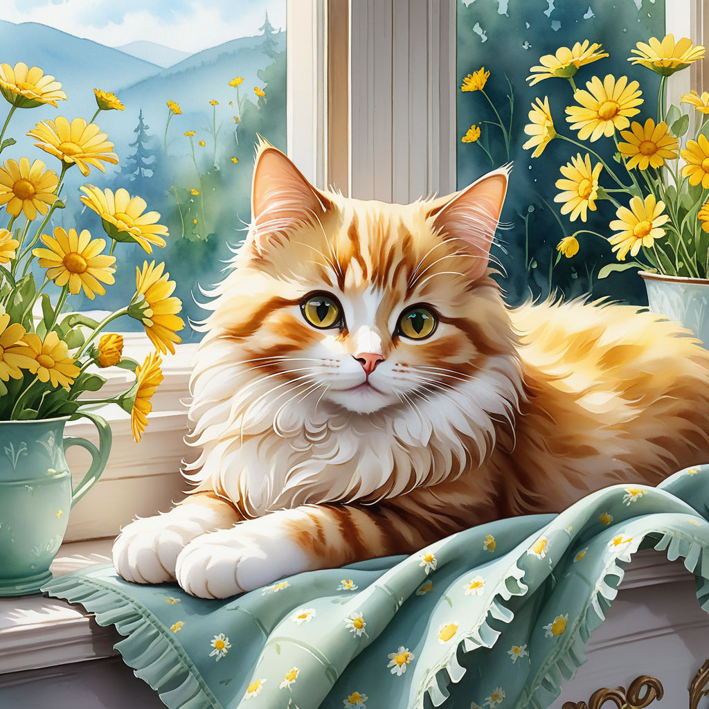 cute cat lying on a blanket on the windowsill yellow daisy flowers watercolor high quality 8k
