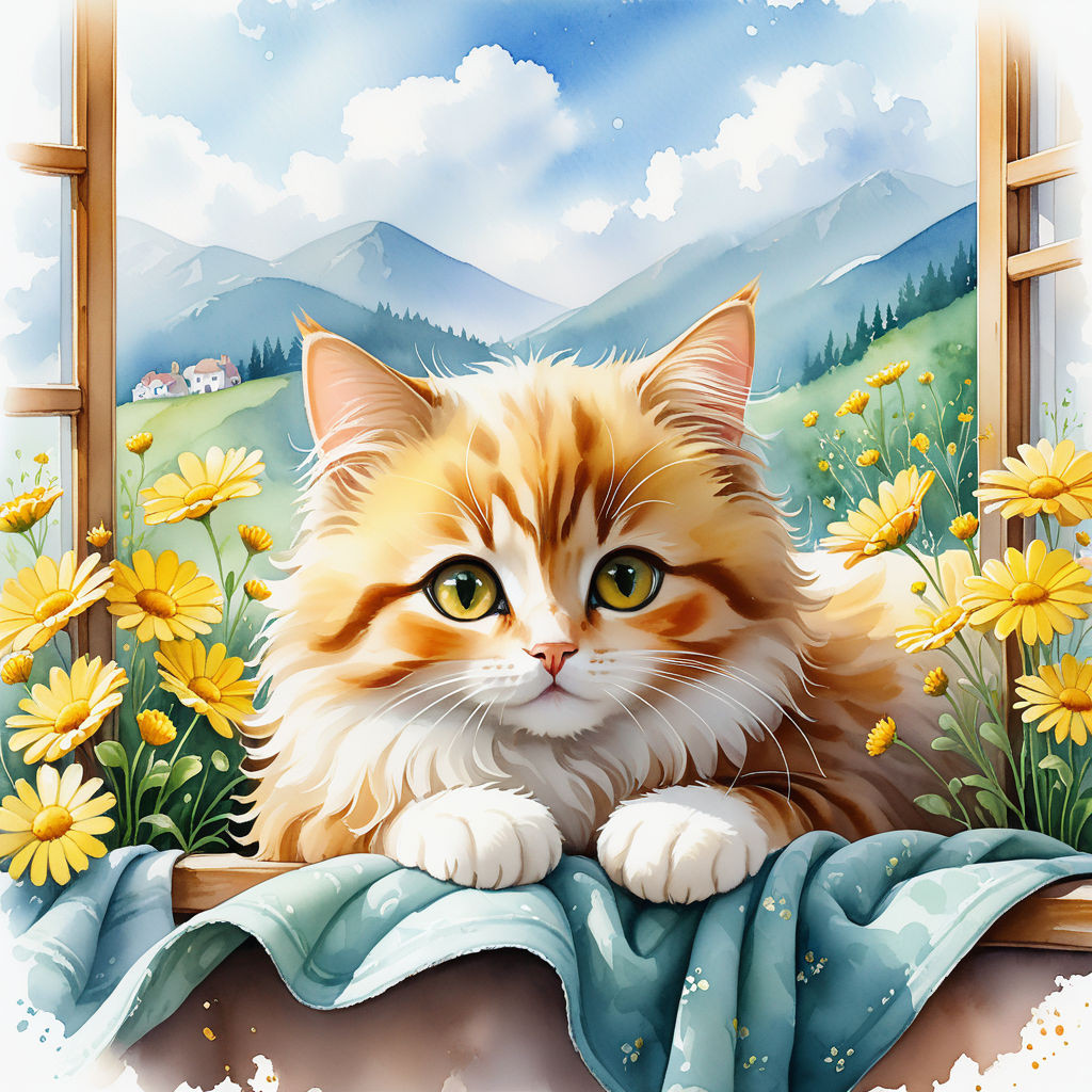 cute cat lying on a blanket on the windowsill yellow daisy flowers watercolor high quality 8k (2)