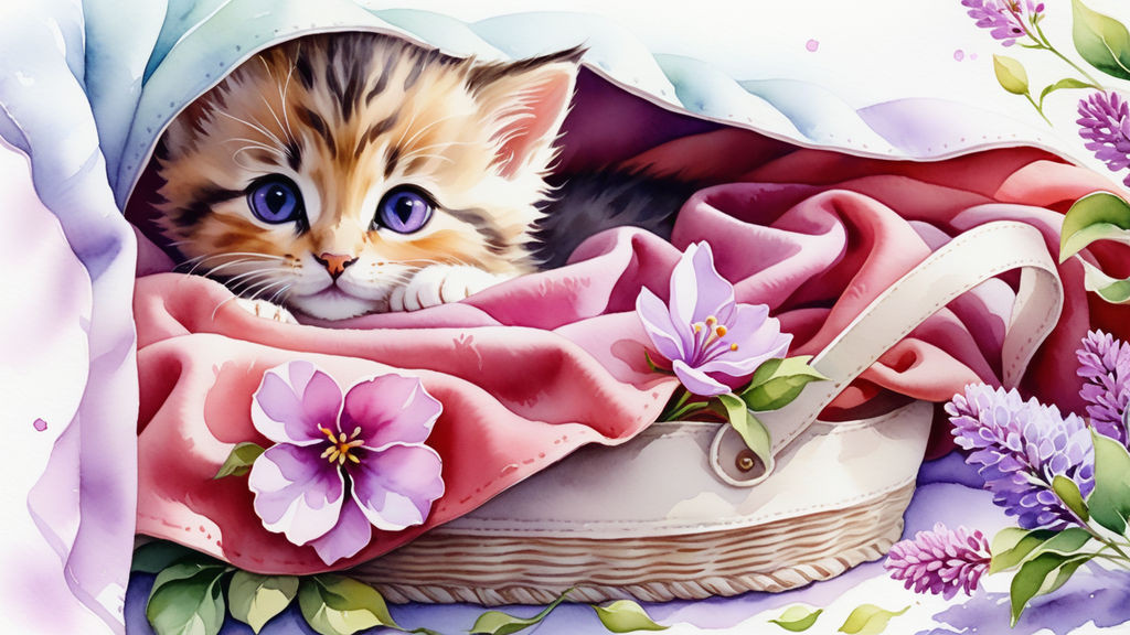 cute kitten sitting on a blanket on the windowsill surrounded by lilac flowers watercolor high qu (1