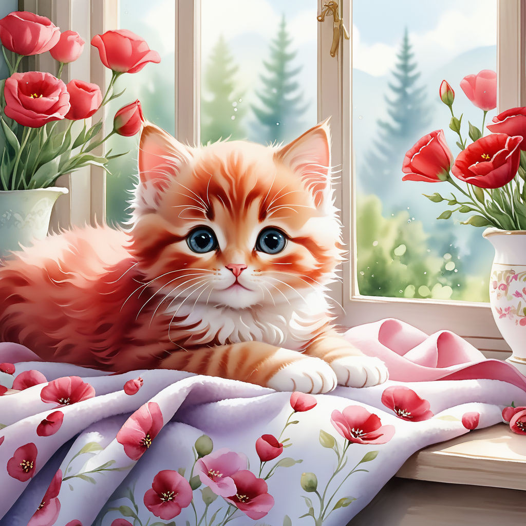 cute kitten red color lying on a blanket on the windowsill flowers eustoma watercolor high qu (2)