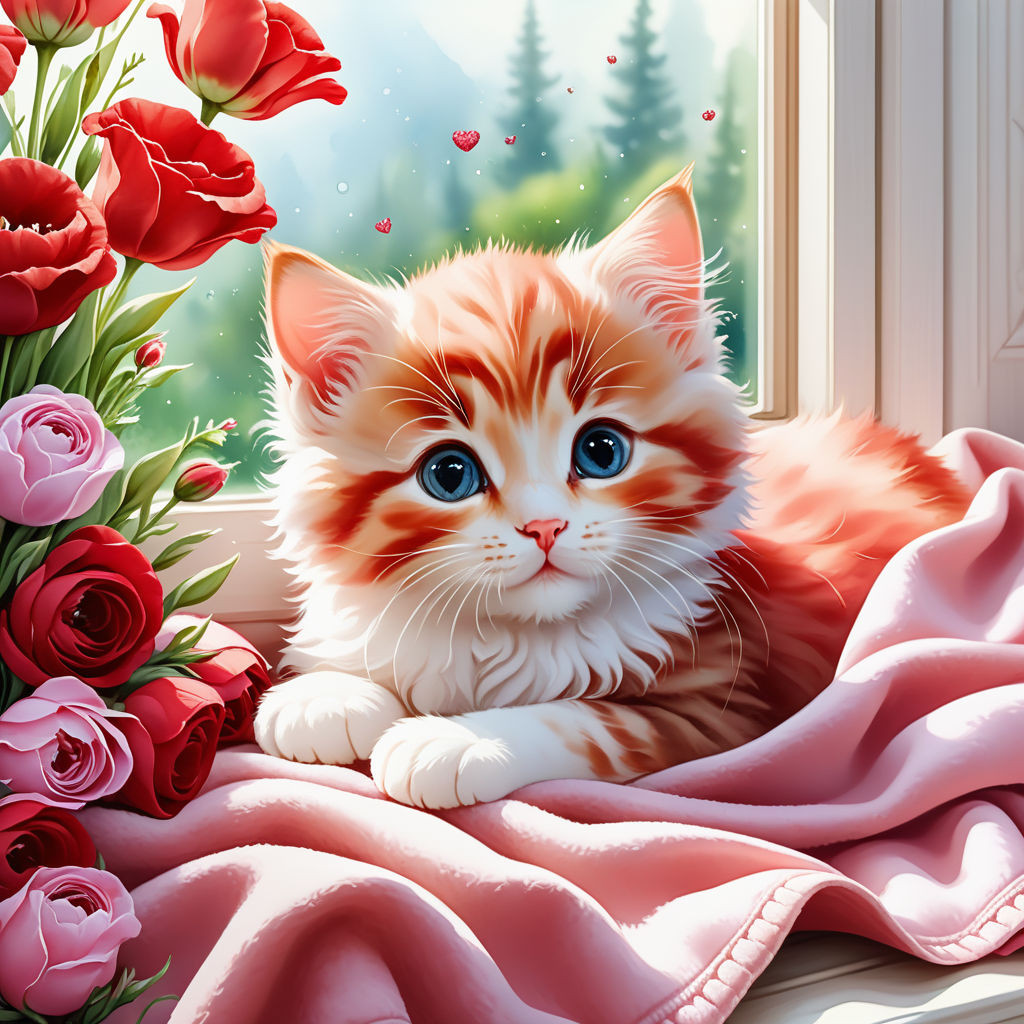 cute kitten red color lying on a blanket on the windowsill flowers eustoma watercolor high qu (3)