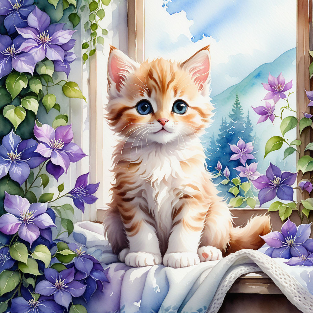 cute kitten sitting on a blanket on the windowsill surrounded by clematis flowers watercolor high 