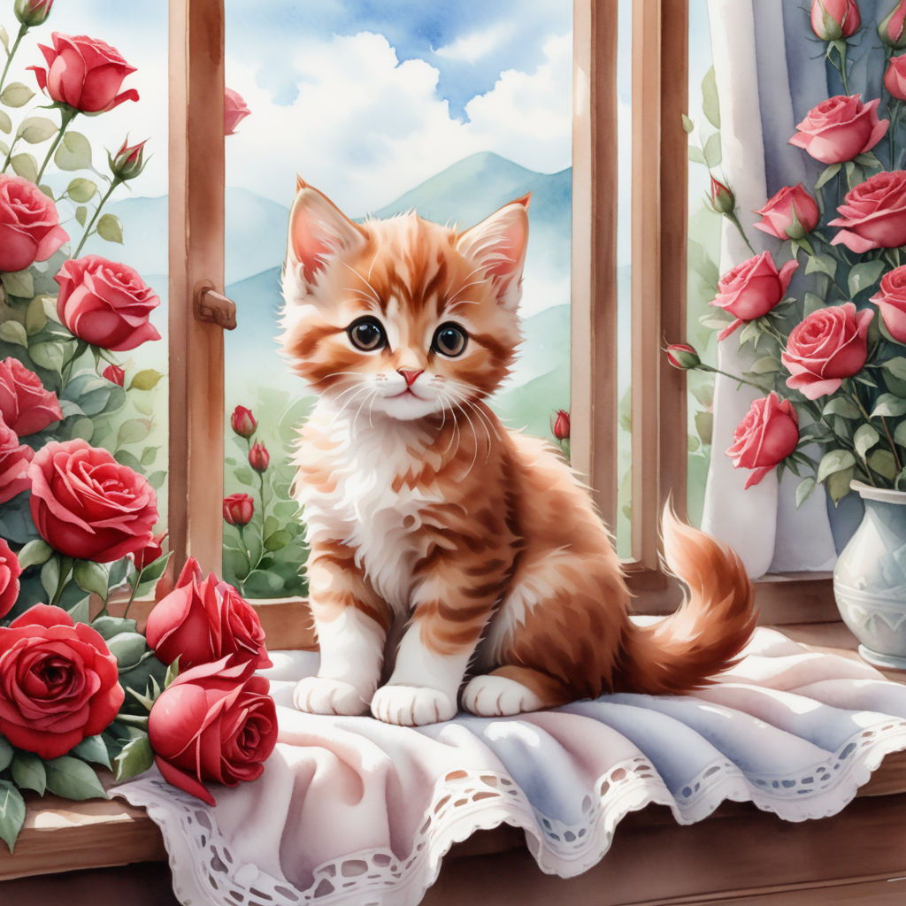 cute kitten sitting on a blanket on the windowsill surrounded by flowers of red brown roses water
