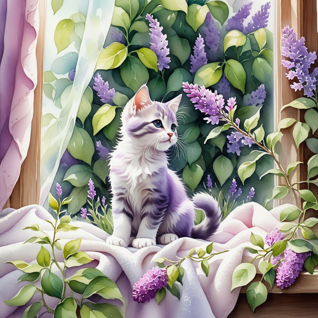 cute kitten sitting on a blanket on the windowsill surrounded by lilac flowers watercolor high qu (1