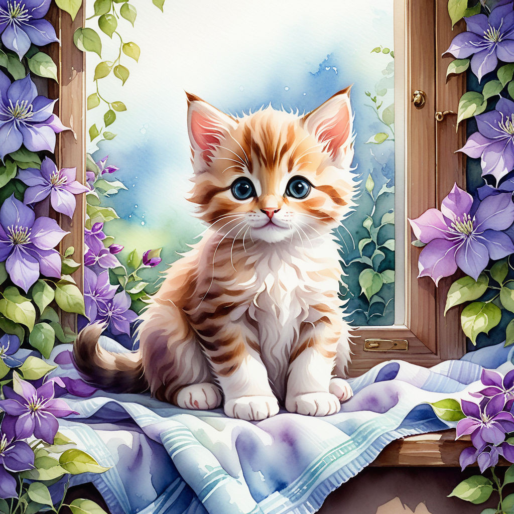 cute kitten sitting on a blanket on the windowsill surrounded by clematis flowers watercolor high (3