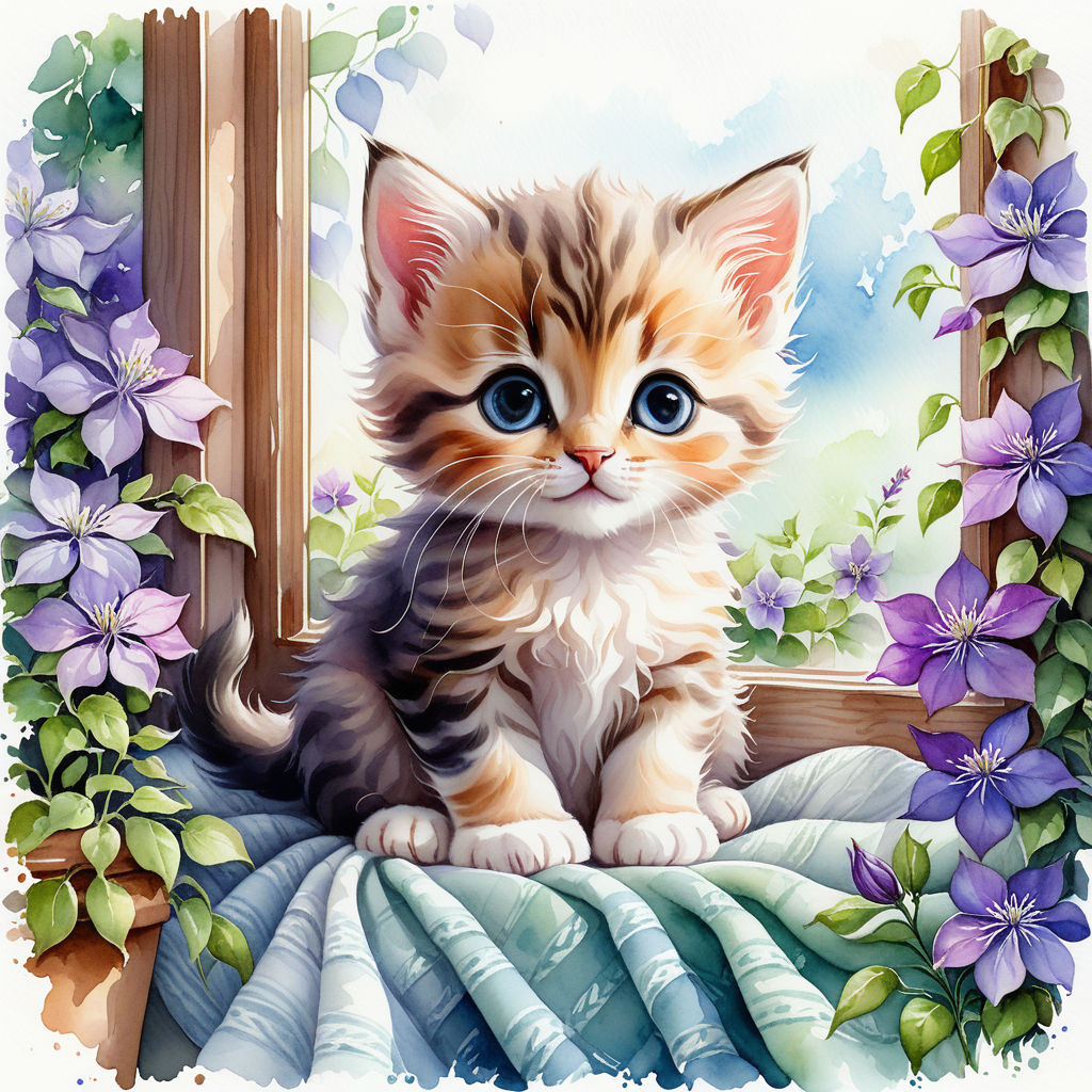 cute kitten sitting on a blanket on the windowsill surrounded by clematis flowers watercolor high (2