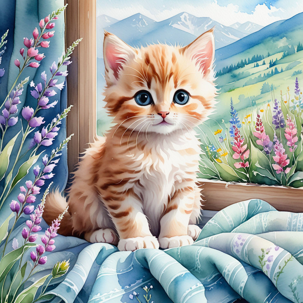cute kitten sitting on a blanket on the windowsill surrounded by wildflowers watercolor high quali (