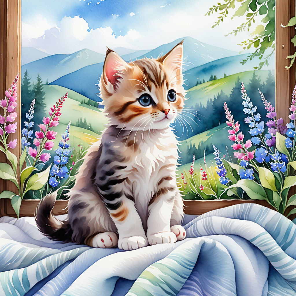 cute kitten sitting on a blanket on the windowsill surrounded by wildflowers watercolor high quali