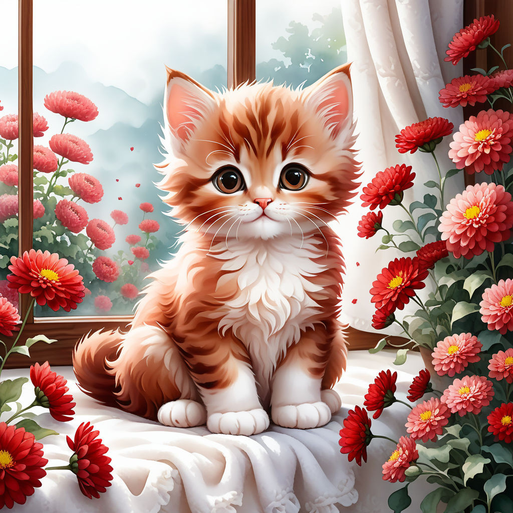 cute kitten sitting on a blanket on the windowsill surrounded by flowers of red brown chrysanthemu (