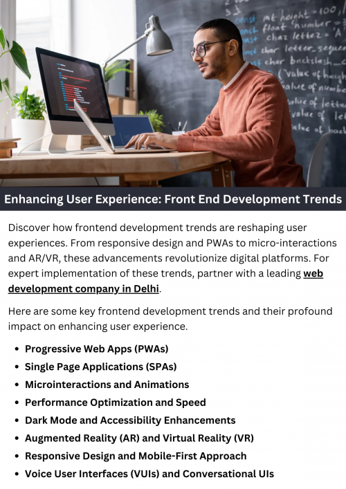 Frontend development trends are revolutionizing user experience (UX) by prioritizing responsiveness, interactivity, and accessibility. Techniques like responsive design ensure seamless experiences across various devices, while advancements in frameworks and libraries enable richer, more dynamic interfaces. Additionally, trends such as progressive web apps (PWAs) enhance offline functionality and speed, further enhancing user satisfaction. To know more visit here https://singhimarketingsolutions.com/website-development-services/delhi/